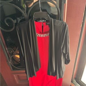 Liz Claiborne Red Dress with Crystal Trim Top with a R&M Richard’s cardigan